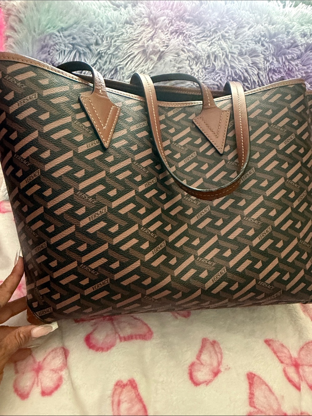 Versace Brown Tote with Neon Red Logo and Lime Accents - Picture 7 of 14